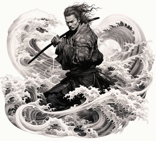A black and white drawing of a Japanese aikido swordsman