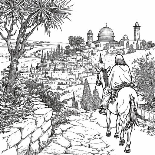 Jesus on a donkey in Jerusalem. Coloring book page