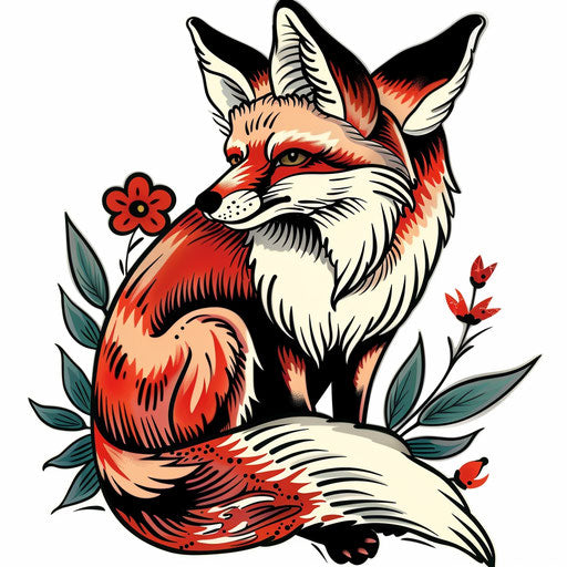 Old-school fox tattoo on classic white background