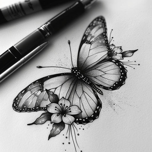 Dotwork butterfly with dotwork flowers, detailed shading, on pure white background