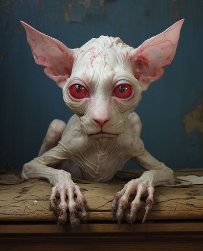 White cat with large blue eyes on wooden counter