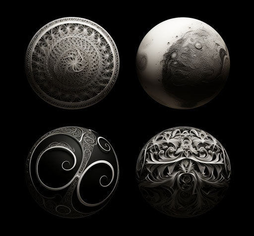 Four moons in black and white, tattoo, hurufiyya style