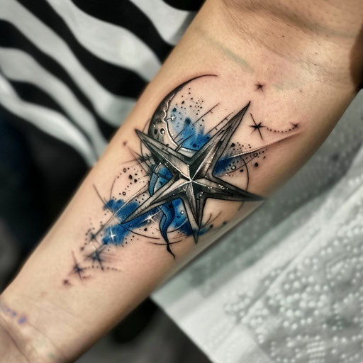 Mystical nautical star tattoo with moon and stars