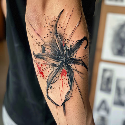 Horror themed spider lily tattoo