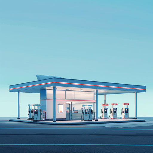 Photo realistic gas station clipart on blue background, soft focus