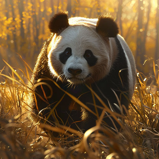 Giant panda walking in field under setting sun