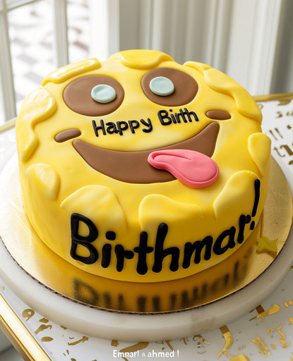 Birthday cake with yellow smiley face and sticking out tongue emoji