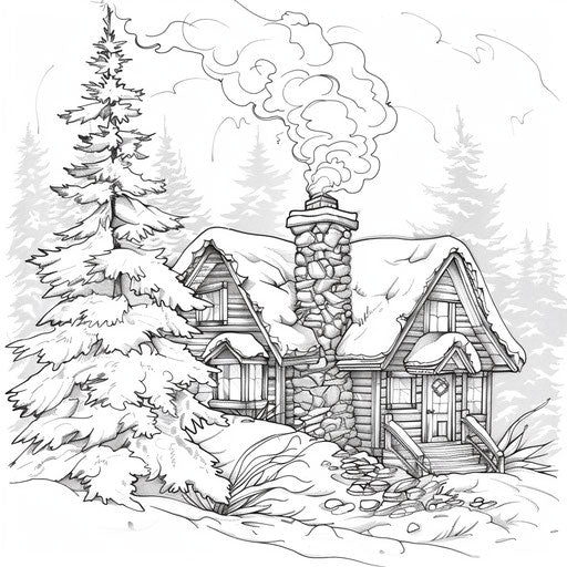 Cozy winter chalet with smoke and snowy pine trees