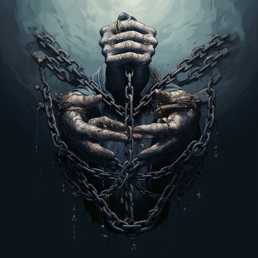 Person holds chain and gun, animated GIF style, religious symbolism, cartooncore, sgrafitto, Zen Buddhism influence, mosscore, grim realism