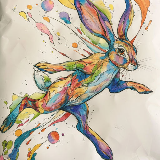 Vibrant tattoo sketch of the March Hare leaping energetically, on white background.