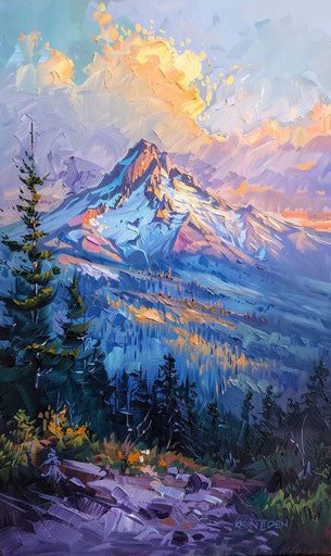 Baroque oil painting, Mount Hood, Oregon, calming colors, 3:5