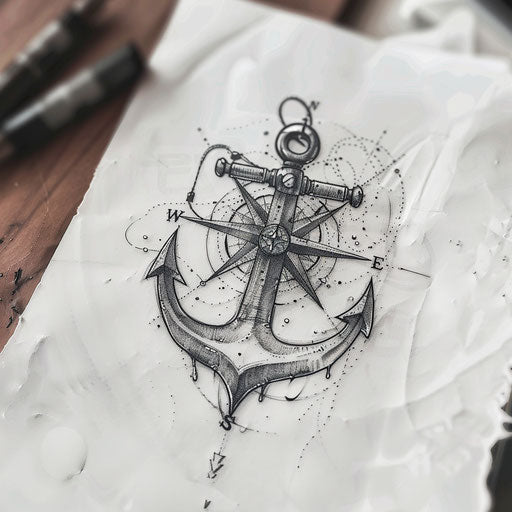 Artistic design of naval anchor and compass, direction and stability