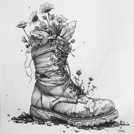 Detailed drawing of a military boot with wildflowers, life and death, on white paper