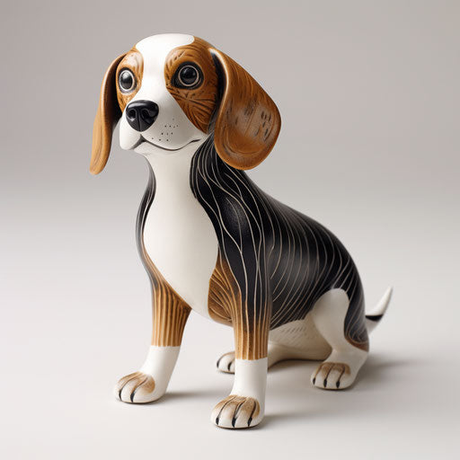 Black and white beagle figurine, dark navy and light brown style