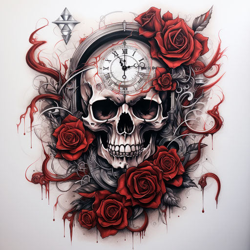 Skull, roses and clock tattoo on red leather