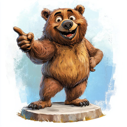 Humorous caricature of a brown bear with human characteristics