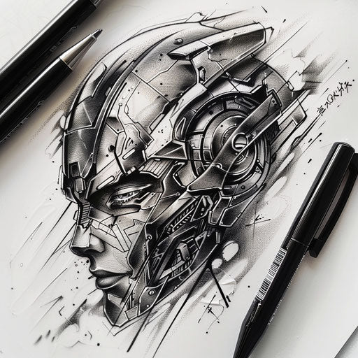 Futuristic tattoo sketch of an oriental robot warrior with metallic effects and modern design