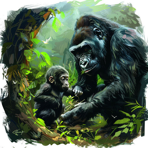 Teaching moment with adult gorilla showing young how to forage