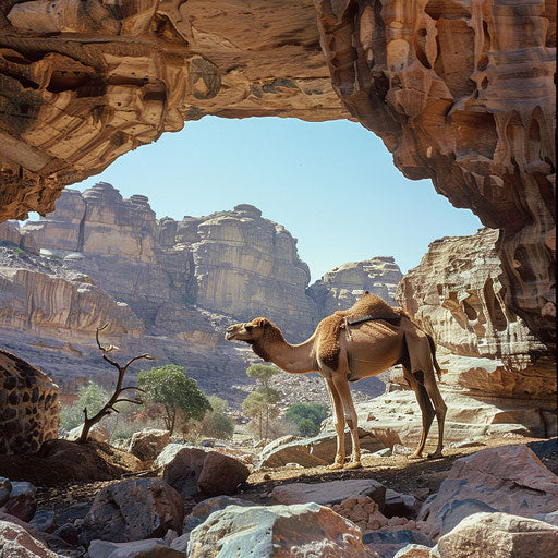 Camel journey under natural stone bridge
