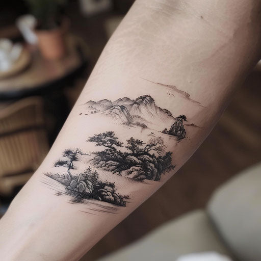 Traditional Chinese landscape tattoo on white silk scroll