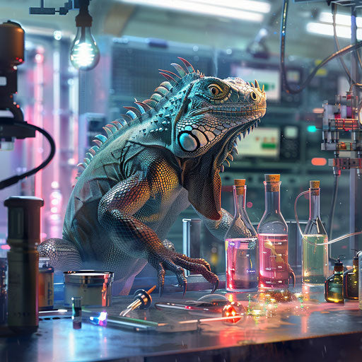 Iguana scientist in lab with colorful chemicals