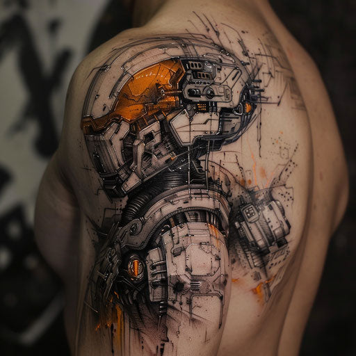 Sci-fi shoulder tattoos with cybernetic elements