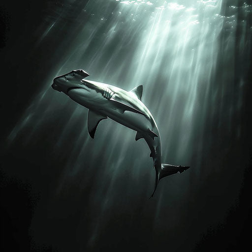 Hammerhead shark in a serene sea with sunlight rays entering the water, in the style of Gregory Colbert
