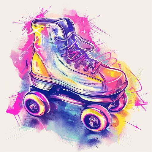 Dynamic flat tattoo sketch of a neon roller skate with pink and yellow highlights