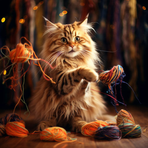 A Siberian cat playing with yarn