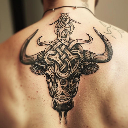 Celtic-inspired bull tattoo on bright white backdrop