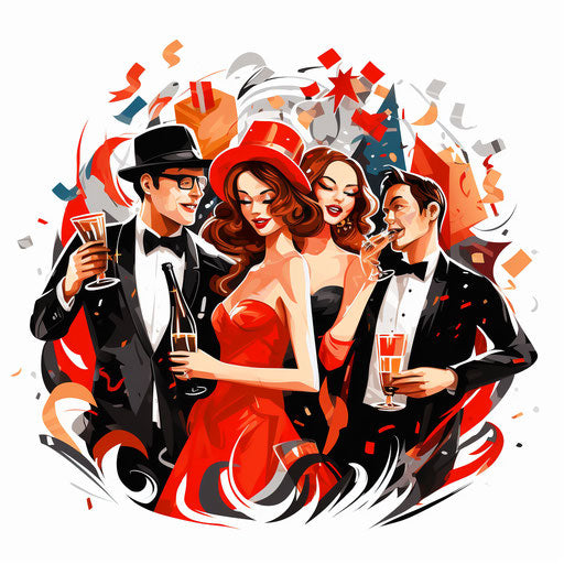 Christmas party clipart in the style of Chiaroscuro Art, on white background