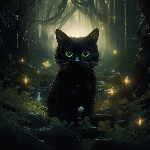 The black cat in a dark fantasy landscape