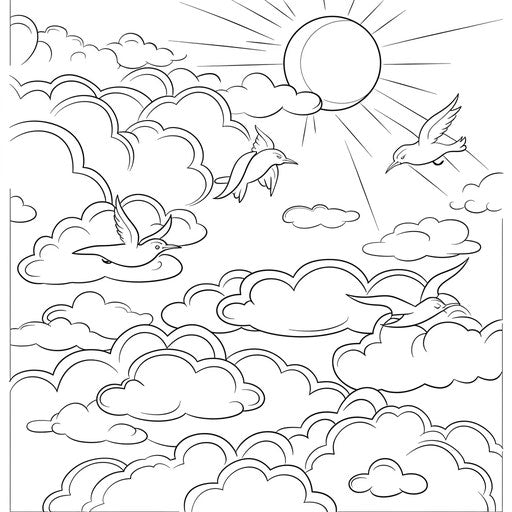 Fluffy clouds outline with birds flying - Coloring book page
