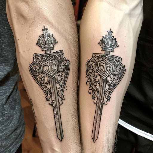 Matching tattoos for friends of a knight, in Glenn Fabry style