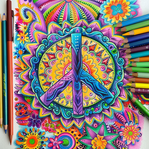 Retro-inspired peace tattoo with peace symbol and psychedelic patterns