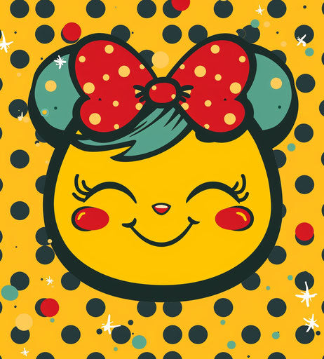 Smiling face with bow on head, polka dot style, yellow and crimson