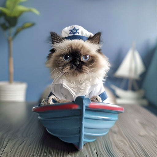 Himalayan cat in sailor outfit sitting in toy boat