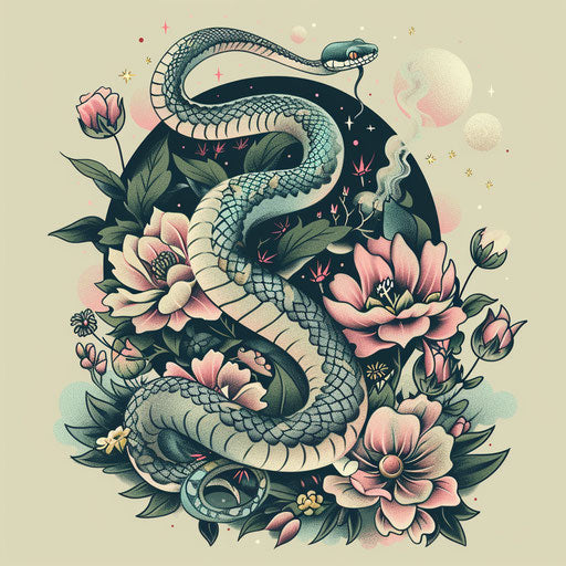 Whimsical tattoo sketch of a serpent in a garden