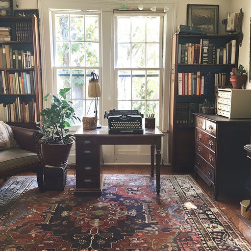 Vintage home office with antique desk and typewriter in focus