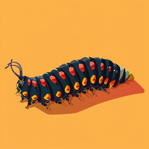 Realistic caterpillar on sunset orange background