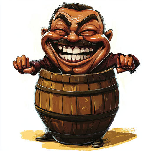 Barrel caricature with full lips, expressive hands, jumping, vibrant colors, cartoon style, winking, high resolution