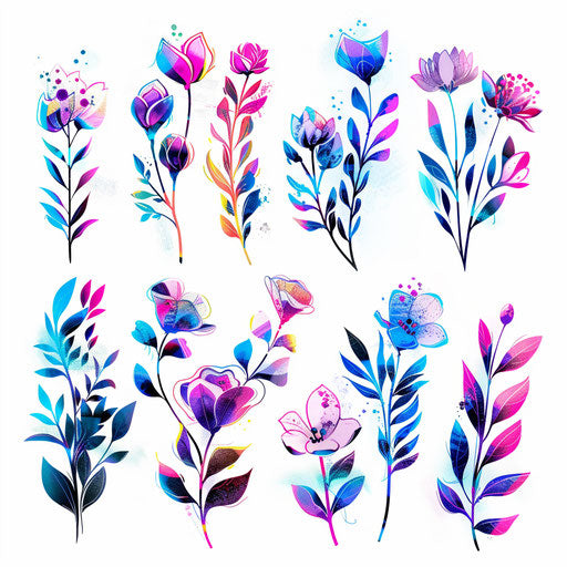 Vibrant wildflower tattoos in a neon color palette