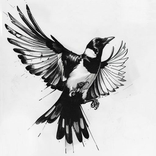 Dynamic flat tattoo sketch of a magpie swooping down with extended wings