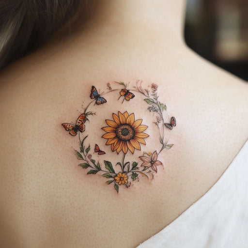 Small sunflower tattoo surrounded by delicate butterflies and blooming flowers