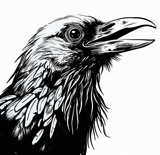 Raven with upside down horn, HD PNG download, Alan Moore style, black and white ink 43:42