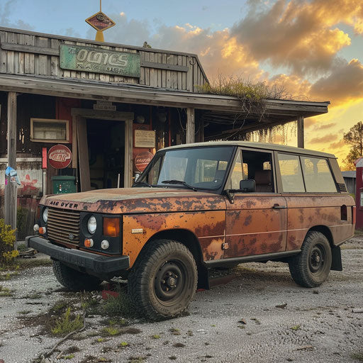 Vintage Rover in front of a historic gas station