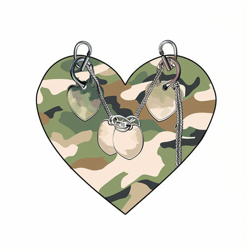 Camouflage heart with dog tags on white background