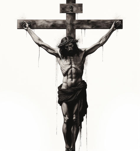 Jesus on cross in minimalist black and white, pastoral