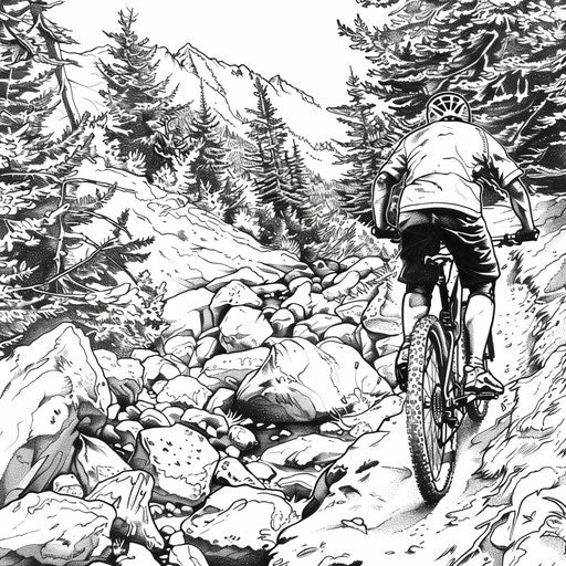 Mountain biker on rocky trail, coloring book page
