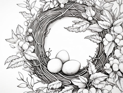Eggs and leaves in a wreath on white background, heavy ink